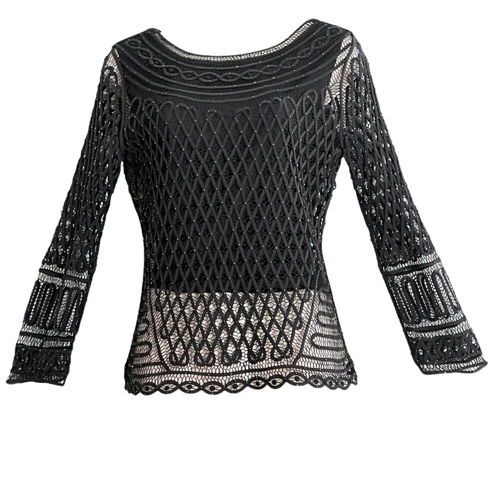 Sigrid Olsen Silk Knit Beaded Crochet Top S Coastal Grandma Black